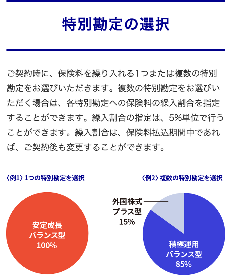 特別勘定の選択
ご契約時に、保険料を繰り入れる1つまたは複数の特別勘定をお選びいただきます。
<例1>1つの特別勘定を選択・・・安定成長型バランス型100%
<例2>複数の特別勘定を選択・・・積極運用バランス型85%、外国株式プラス型15%