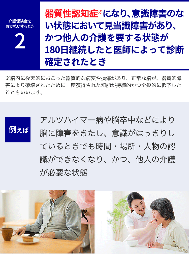 介護保険金をお支払するとき2
器質性認知症※になり、意識障害のない状態において見当識障害があり、かつ他人の介護を要する状態が180日継続したと医師によって診断確定されたとき