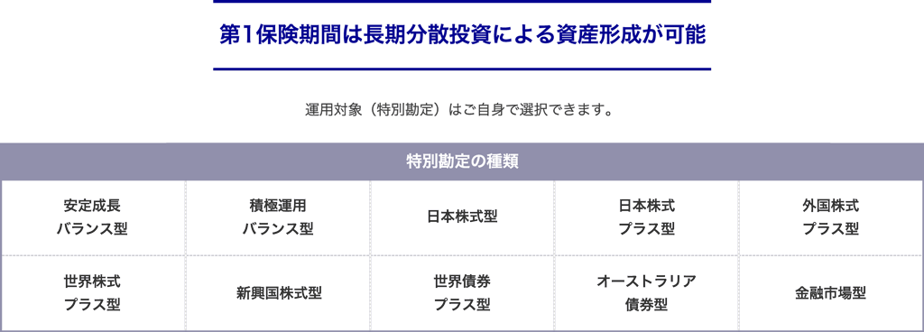 第1保険期間は長期分散投資による資産形成が可能
運用対象(特別勘定)はご自身で選択できます。
特別勘定の種類・・・安定成長バランス型、積極運用バランス型、日本株式型、日本株式プラス型、外国株式プラス型、世界株式プラス型、新興国株式型、世界債券プラス型、オーストラリア債券型、金融市場型