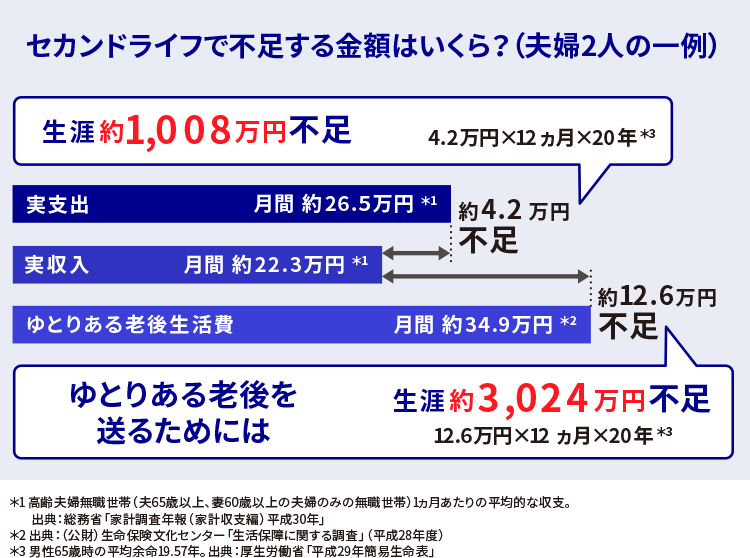 セカンドライフで不足する金額はいくら(夫婦2人の一例)
生涯約1,008万円不足
4.2万円×12ヵ月×20年*3
ゆとりある老後を送るためには
生涯約3,024万円不足
12.6万円×12ヵ月×20年*3
*3 男性65歳時の平均余命19.57年。出典:厚生労働省「平成29年簡易生命表」