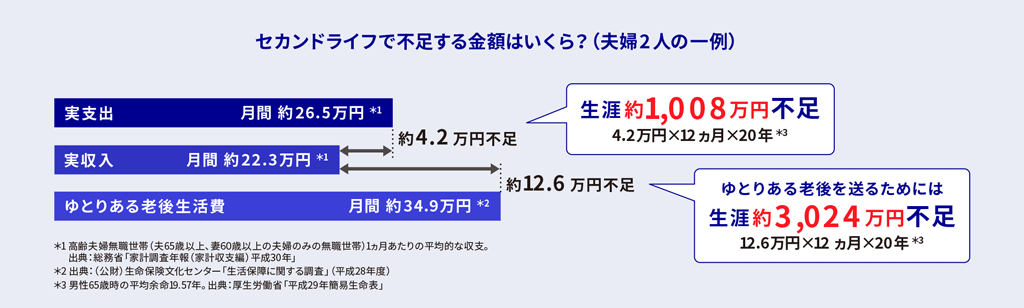 セカンドライフで不足する金額はいくら(夫婦2人の一例)
生涯約1,008万円不足
4.2万円×12ヵ月×20年*3
ゆとりある老後を送るためには
生涯約3,024万円不足
12.6万円×12ヵ月×20年*3
*3 男性65歳時の平均余命19.57年。出典:厚生労働省「平成29年簡易生命表」